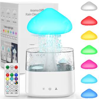 Rain Cloud Humidifiers 450ML Water Drip Mushroom Humidifiers With Remote Control 7 Colors Mood Light Air Humidifier Raindrop Humidifiers For Bedroom, Waterfall Lamp For Better Sleep & Wellness With Water Sound For Home Room Office (White)