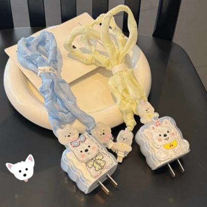 5件套卡通可爱小狗造型数据线保护套，适用于18/20W美规充电器适配器，兼容 11/12/13/14/15/16 Promax数据线，防弯折保护套，数据线整理器，1.5米防断裂数据线保护套，TPU充电头保护壳