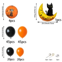 138pcs Halloween Party Balloon Wreath Arch Kit, 12/10/5-Inch Black, Orange Latex Balloons With Moon Kitten Aluminum Foil Balloons, Suitable For Halloween Decorations