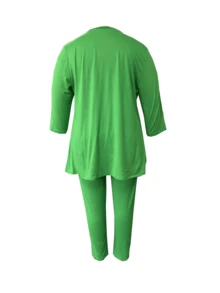 Plus Size Women's Fashionable Two-Piece Suit, Short Top In Front And Long Back Solid Color Trousers Suit, Casual Two-Piece Suit - Green - View 2