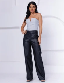 Women's Black Leather Pants Wide Leg High Waist Wide Leg - Black - View 8