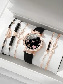 6 Stück/Set Quarz Sternenhimmel Zifferblatt Uhr mit PU Lederarmband und Seil mit schwarzen Perlen Liebe Armband, schwarze geometrische quadratische Figur, Blatt 5-teiliges Set, geeignet für den täglichen Lässig-Stil, einfach und elegant, die beste Wahl für Halloween, Weihnachten, Valentinstag, Muttertag, Urlaubsgeschenke