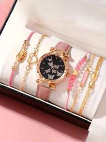 6 Stück/Set Quarz Sternenhimmel Zifferblatt Uhr mit PU Lederarmband und Seil mit schwarzen Perlen Liebe Armband, schwarze geometrische quadratische Figur, Blatt 5-teiliges Set, geeignet für den täglichen Lässig-Stil, einfach und elegant, die beste Wahl für Halloween, Weihnachten, Valentinstag, Muttertag, Urlaubsgeschenke