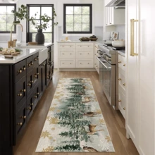1pc Artistic Christmas Deer & Christmas Tree Velvet Hallway Carpet, Living Room, Dining Room, Study, Bedroom, All Season Carpet, New Arrival, Hot Selling, Machine Washable, Velvet Material, Skin-Friendly Soft, Christmas Gift, Celebration, Party Supplies, Christmas Decoration, Unique Home Decor