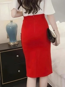 Elegant Side Button High Waist Pencil Skirt, Suitable For Christmas, Autumn/Winter - Red - View 3
