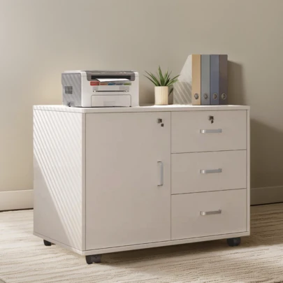 Armario multifuncional con cerradura, de 60 x 34 x 58 cm, con una puerta y tres cajones. Puede usarse como mesita de noche o archivador. Armario de almacenamiento en blanco cálido para dormitorio u oficina.