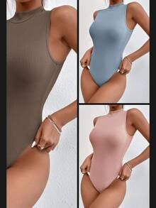 Kit body regata manga curta 3 peças gola alta cores neutras lindo basico moda verão chique promoção conjunto 3 peças body canelado curto praia e piscina 2025 - marrom/rosa/rosa/azul - Visão 1