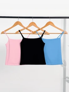 Kit 3 Cropped Women's Tank Top Strappy Basic Summer Suplex - 淡藍色/淡粉紅色/黑色 - 查看 1