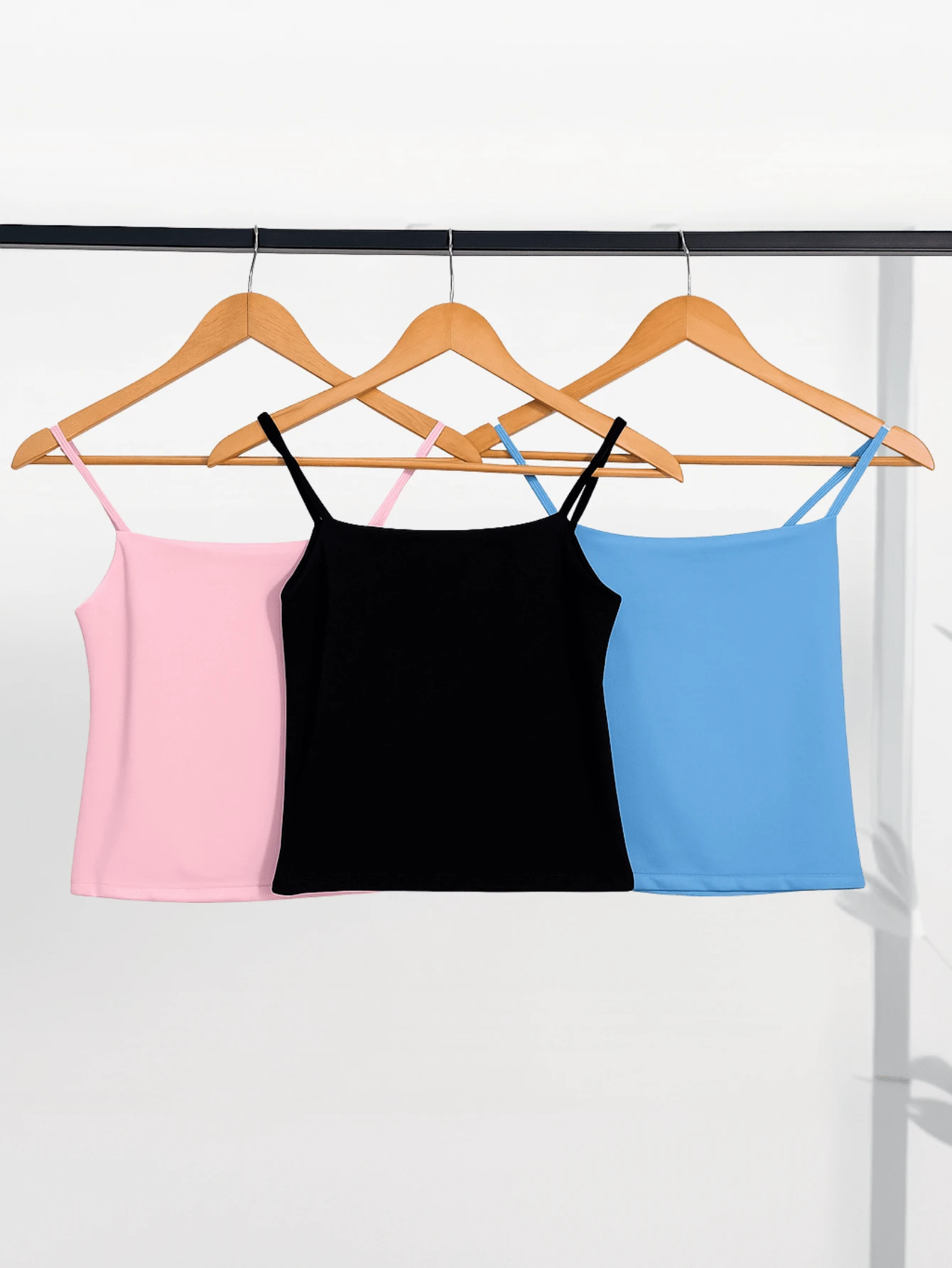 Kit 3 Cropped Women's Tank Top Strappy Basic Summer Suplex - 淡藍色/淡粉紅色/黑色 - 查看 1
