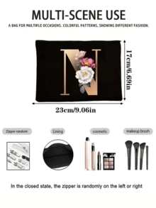 1个A-Z花卉印花化妆包，女士化妆包钱包，字母图案洗漱包，婚礼派对洗漱包，拉链手机钱包，铅笔盒，收纳袋，化妆包，旅行必备 - 彩色 - 查看 7