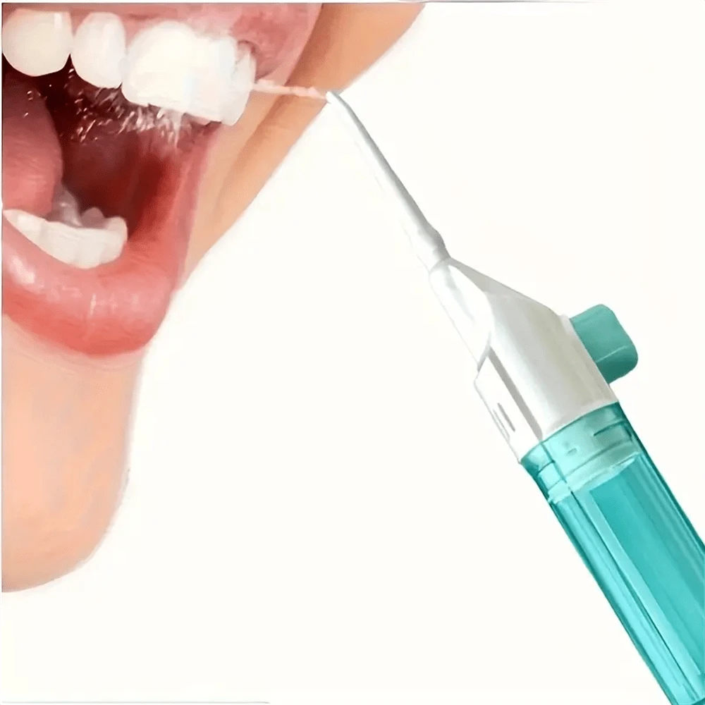 Portable Manual High Pressure Flusher, Dental Scaler, Oral Irrigator. Made Of ABS, High Pressure Pulsed Technology, Button Design, Detachable Nozzle. Ideal For Teeth Cleaning And Oral Care, No Electric Drive Required, Suitable For Home And Travel. Essential For Oral Care | Stylish Dental Floss Cleaner | Portable Design, Water Flosser - Màu xanh nhạt - Xem 1
