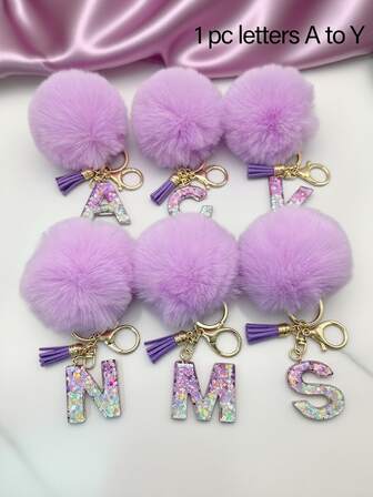 1pc Initial Letter Keychain Cute Plush Pom Keychain Ring Bag Backpack Charm Car Pendant Female Girl Gift, Wallet And Handbag Accessories, Tassel Keychain, Fashion Bag Pendant - Women's Fashion Accessories