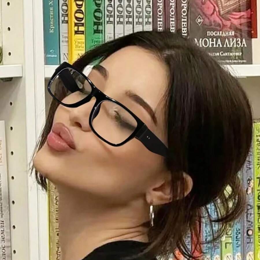 1 件女士方形无度数眼镜，百搭复古简约风格 - 黑框白片 - 查看 1