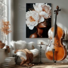 Elegant Black Art Painting African American Woman With Peony Head Surreal Floral Portrait Pink And White Flower Wall Art Gift - Framed, Vertical - 裱框畫布 - 查看 10