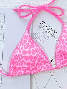 Europe & America Vacation Style Women's Sexy Tie Halter Pink Leopard Print Bikini Two-Piece Set - Multicolor - View 6