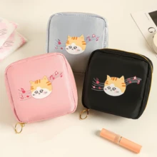 1pc Cartoon Cat Double-Layer Sanitary Pad Storage Bag, Lipstick Foundation Eyeshadow Cosmetic Organizer Bag, Large Capacity Portable Feminine Hygiene Pad Pouch, Wallet, Purse In Purse, Valentine's Day Gift, Back To School - Multicolor - View 11