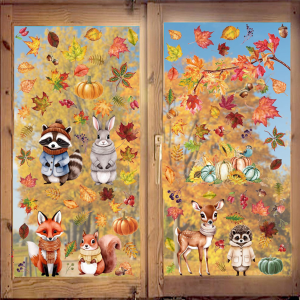 Pegatinas estáticas de ventana de otoño, hojas de arce de Acción de Gracias, calabaza, calcomanías de animales para ventanas de vidrio