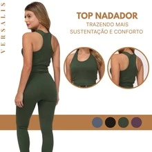 Kit 03 Conjunto Feminino Legging e Top Canelado Alça Grossa Regata Esportivo Fitness Casual Academia Exercicio - Roxo / Cinza / Verde - Visão 4
