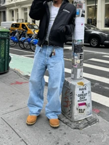 Plus Size Men's Washed Light Color Loose Straight Leg Jeans, Fashionable Street Style - Mint Blue - View 3