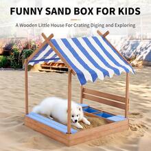 Wooden SandBoxes With Roof, Outdoor Sand Box Play W/Canopy For Backyard Garden Beach, Sand Pit For Beach Patio Outdoor, [Adjustable Cover & Funnel & Drawing Board] - 深木色 - 查看 5