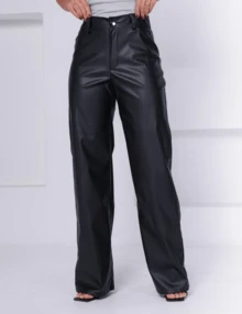 Women's Black Leather Pants Wide Leg High Waist Wide Leg - Black - View 1