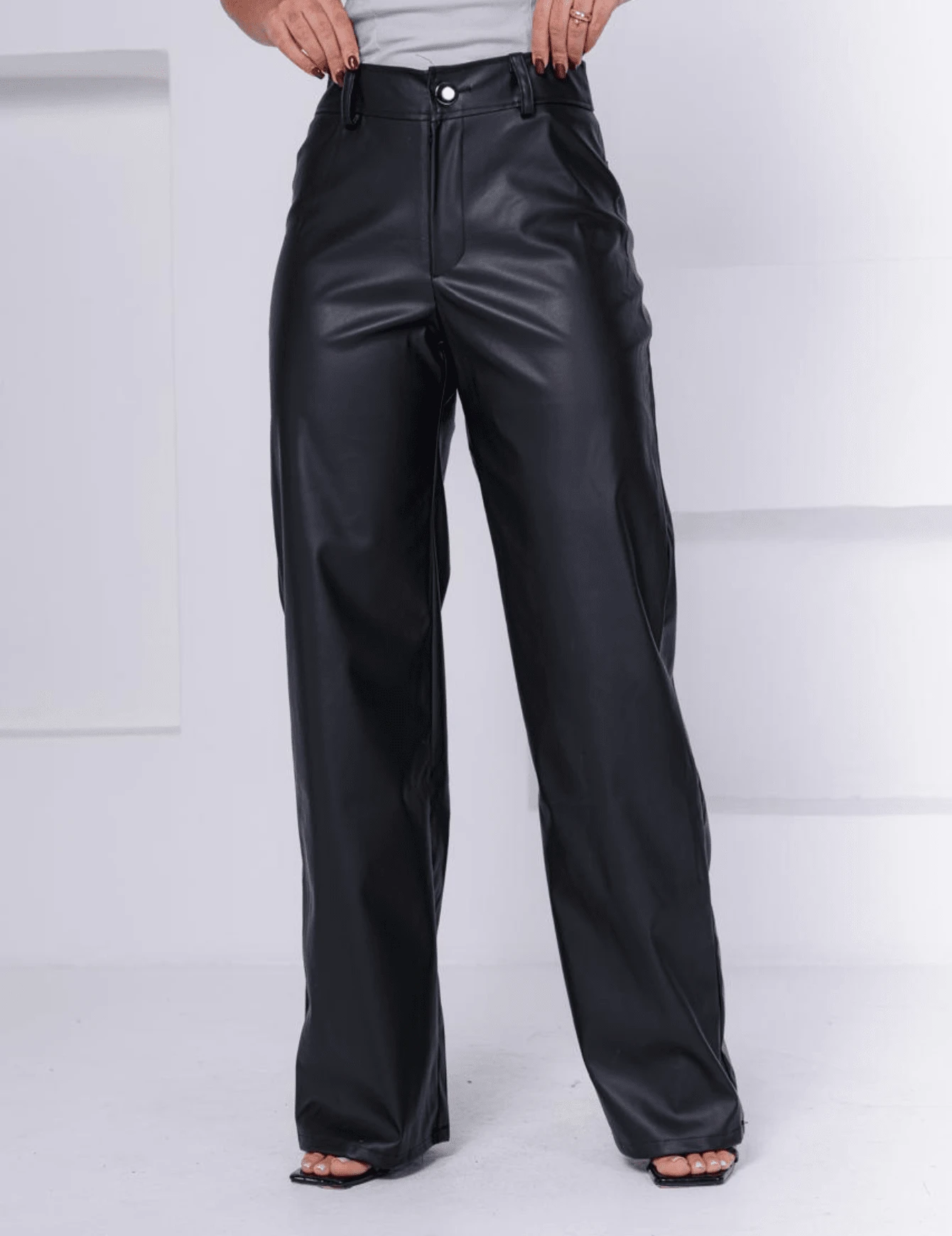 Women's Black Leather Pants Wide Leg High Waist Wide Leg - Black - View 1