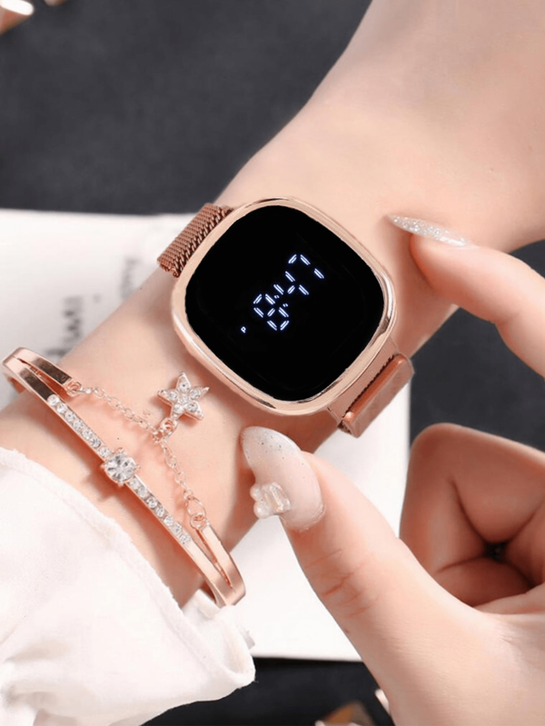 1 pieza Reloj digital de acero inoxidable LED y 1 pieza Pulsera de acero inoxidado dorada