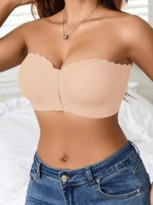 女士前扣式胸罩、无肩带胸罩、无缝上衣女士聚拢无钢圈性感内衣、可拆卸衬垫、可调节抹胸内衣基本款筒形胸罩、防滑硅胶软面料内衣、透明肩带、舒适加厚吊带背心波浪边设计、完美搭配无肩带连衣裙前扣内衣 - 杏色 - 查看 3