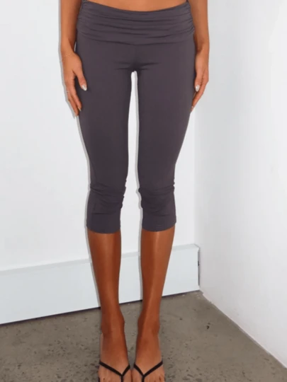 Fold Over Capri Leggings For Women Knee Length Gym Yoga Crop Pants Stretch Low Rise Athletic Bottoms