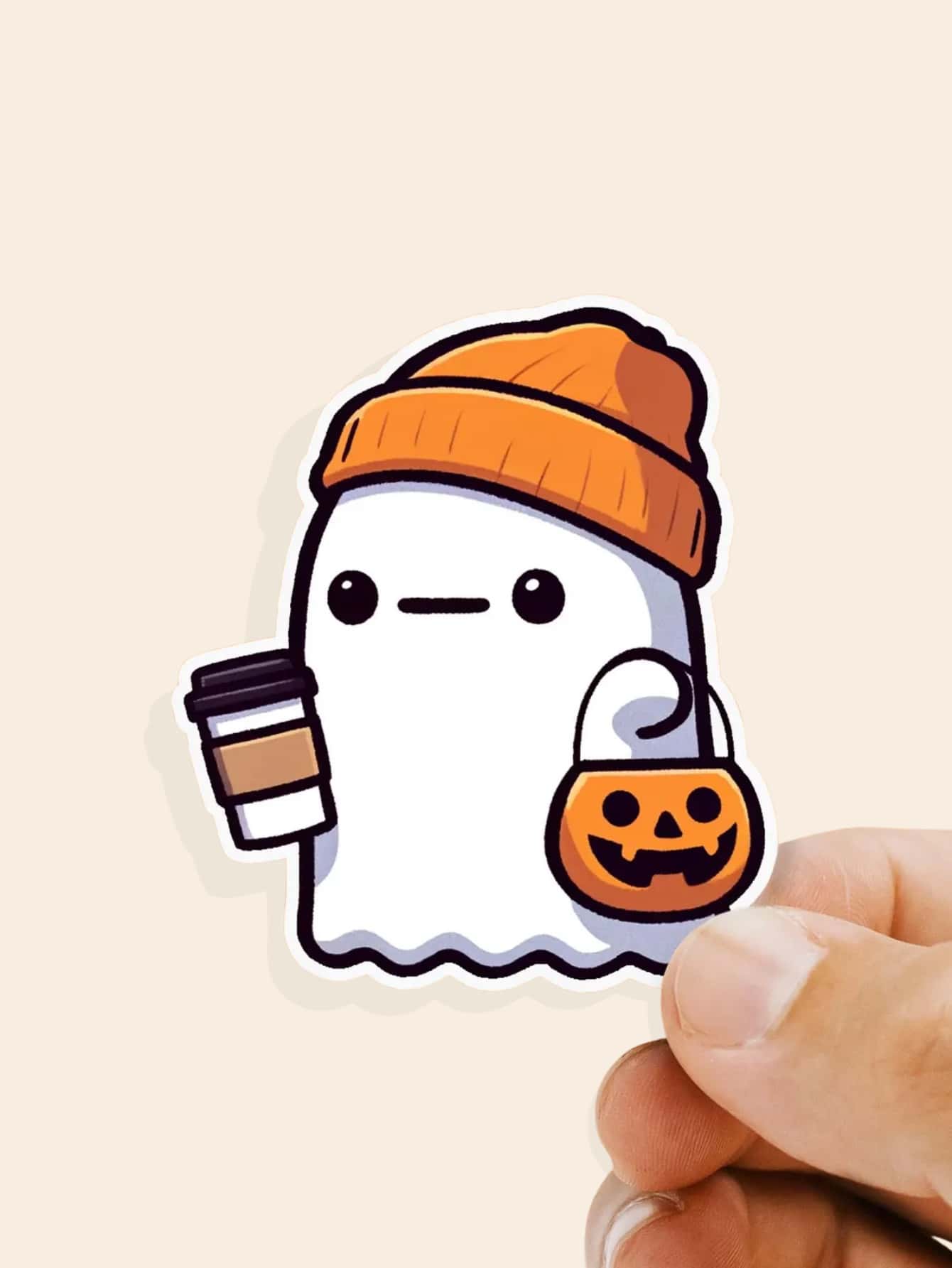 1PC Halloween Decor Stickers |Ghost With Hat And Coffee Vinyl Sticker, Hipster Ghost Waterproof Decal, Handmade, Cute Halloween Stickers For Laptop, Water Bottles And Kindle