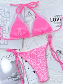 Europe & America Vacation Style Women's Sexy Tie Halter Pink Leopard Print Bikini Two-Piece Set - Multicolor - View 5