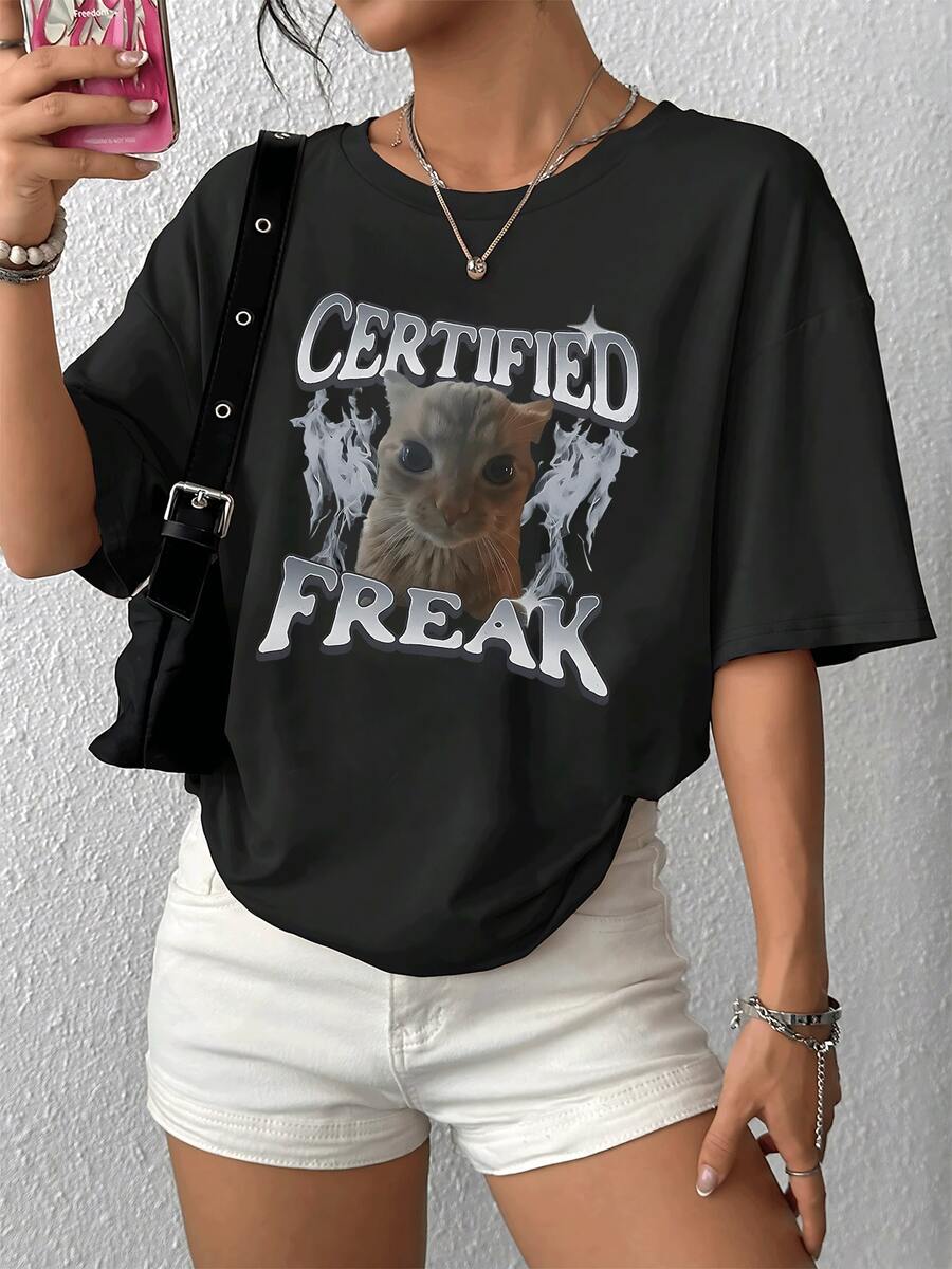 Camiseta gráfica de gatito certificado Camiseta relajada única para mujer con ilustración novedosa Camiseta suave y cómoda para uso diario ¡Exprésate con este estampado llamativo! - Negro - Ver 1