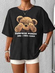 Camiseta con estampado de oso sorpresa lindo para mujer, camiseta de cuello redondo de mezcla de algodón suave, camiseta informal de manga corta para verano, diseño gráfico elegante, ajuste cómodo, uso diario esencial, opción de regalo ideal. - Negro - Ver 4