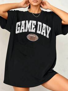 Camiseta informal de manga corta y cuello redondo para mujer con estampado gráfico de fútbol para el día del partido. Top cómodo y elegante para el día a día, ideal para amantes del deporte y salidas informales. - Negro - Ver 3
