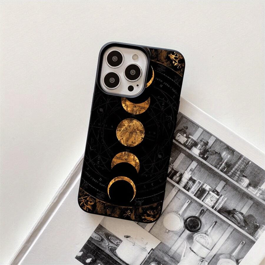 Funda protectora para phone con diseño de luna dorada (1 unidad), compatible con phone 16 Pro Max, 16, 15 Pro, 14, 14 Plus/14 Pro Max, 13, 13 Pro, 12 Pro, 11/11 Pro. Regalos para cumpleaños y festividades - Negro - Ver 1