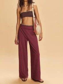 Women 2 Piece Outfits Casual Summer Striped Print Bandeau And Elastic Waist Wide Leg Pants Set Streetwear - Đỏ - Xem 2