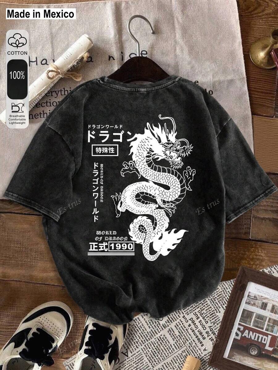 Camiseta de algodón Es Trus, estampado divertido de "Dragón chino creativo" personalizado, estilo coreano retro de moda callejera Y2k, cómoda para uso diario, adecuada para ocio al aire libre, estilo punk regular de cuello redondo, manga corta, lavada - Negro - Ver 1