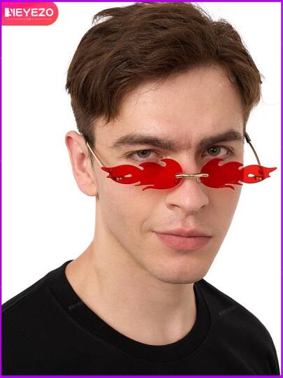 Flame Halloween,Festival Halloween Flame Glasses For Women Men,Fire Flame Fashion Glasses For Men Women Halloween Retro Wave Rimless Glasses Fire Shaped Gold Metal Frameless Glasses Halloween Fashion Glasses Fashion Party Prom Cosplay Red Rave Glasses Halloween Costume Accessories.