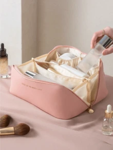 1 pieza Bolsa de cosméticos de PU impermeable, con organizador de maquillaje con cremallera, bolsa de maquillaje espaciosa de doble capa de gran capacidad, bolso de mano multifuncional para dama, neceser, almacenamiento de cosméticos, organización de baño, esenciales de viaje, necesidades de crucero, accesorios de viaje, almacenamiento de baño, almacenamiento de joyas, almacenamiento de lápiz labial, almacenamiento de esmalte de uñas, regalo de Pascua, regalo de dama de honor, regalo del Día de la Madre
