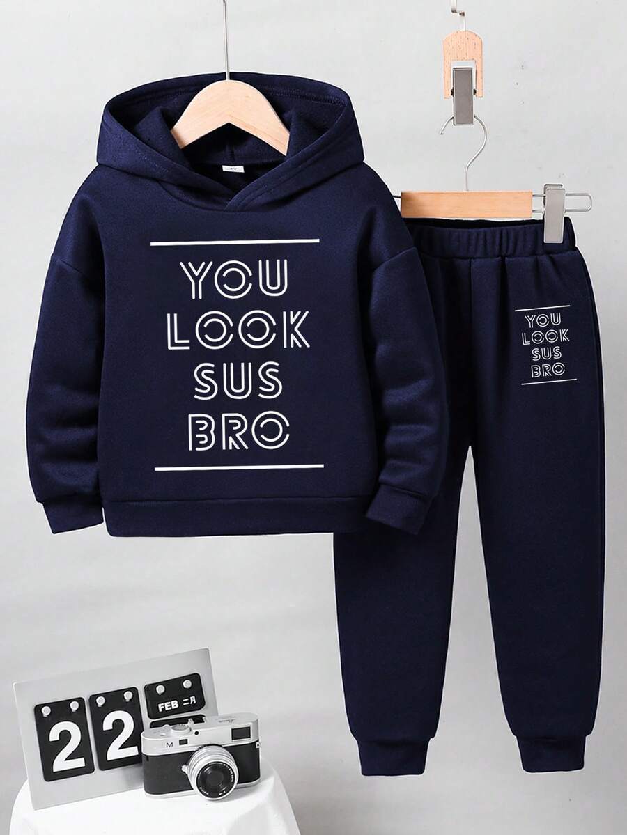 2 件套年轻男孩字母印花保暖连帽衫和裤子休闲装，秋季 - 寶藍色 - 查看 1