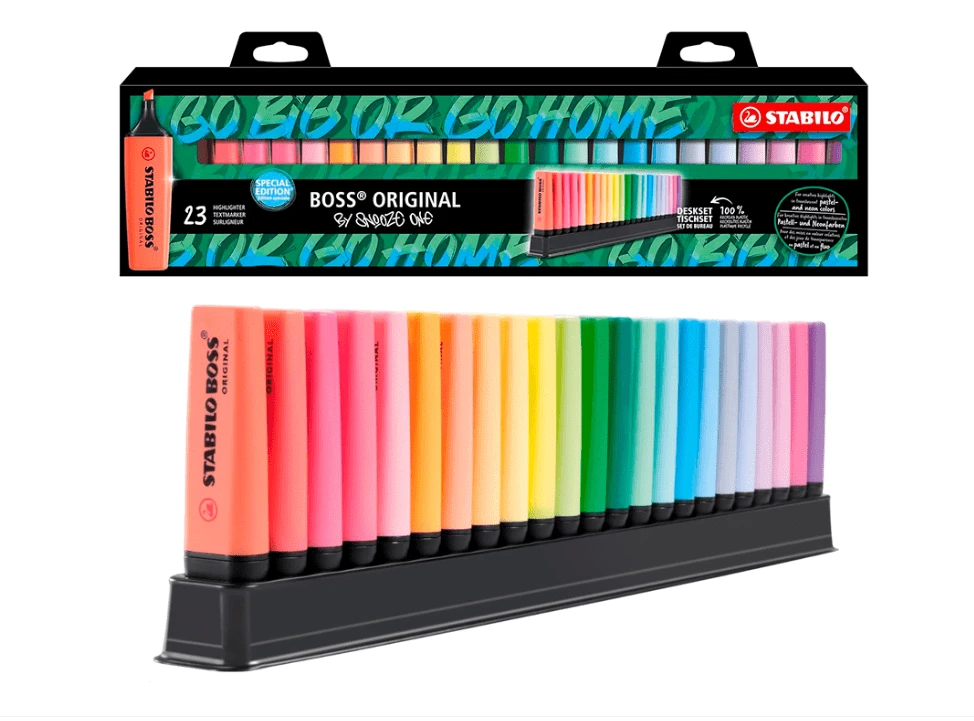 Bút dạ quang STABILO BOSS ORIGINAL - Bộ bút dạ quang 23 màu - 9 màu huỳnh quang và 14 màu pastel. Bút dạ quang chống khô, có thể sử dụng liên tục đến 4 giờ mà không bị khô, giúp bạn tập trung vào công việc. Bền màu trên mọi loại giấy thường, giấy nhiệt và giấy photocopy. Đầu bút dạng đục. Độ rộng nét từ 2 đến 5 mm. ĐẢM BẢO CHẤT LƯỢNG HÀNG ĐẦU TẠI ĐỨC - BỘ 23 UNIDADES - Xem 1