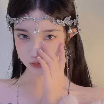 水钻皇冠发饰，万圣节角色扮演服装派对，柔软仙女耳朵皇冠头箍，魔法森林花朵头饰，完美适用于文艺复兴集市和奇幻服装配饰、发饰、婚礼