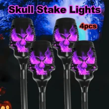 4 Pieces Solar Powered Skull Stake Lights Purple Flame Weatherproof Waterproof Spooky Halloween Pathway Lights Creepy Atmosphere Garden Yard Party Holiday Decor - Purple - View 2