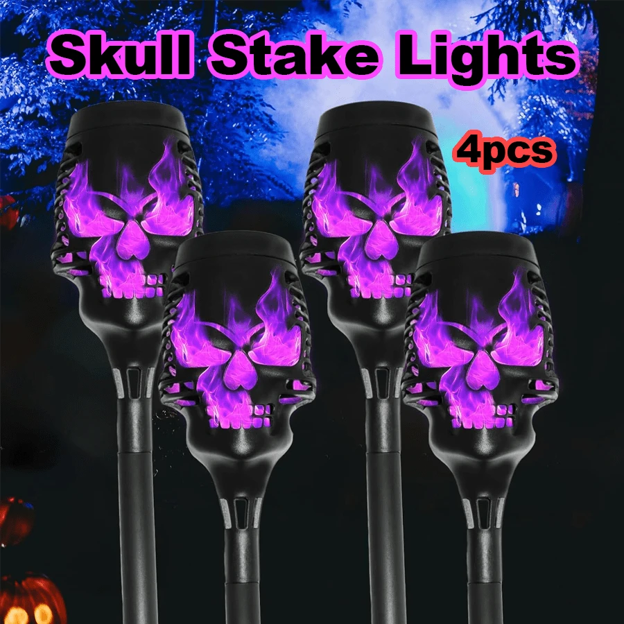 4 Pieces Solar Powered Skull Stake Lights Purple Flame Weatherproof Waterproof Spooky Halloween Pathway Lights Creepy Atmosphere Garden Yard Party Holiday Decor