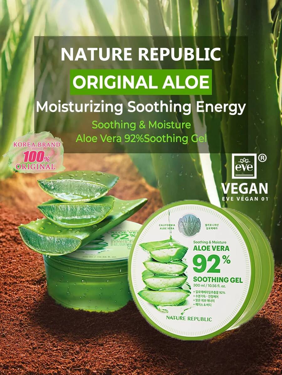 NATURE REPUBLIC 全新舒缓保湿芦荟凝胶，半透明啫喱质地，即刻清凉、保湿、舒缓肌肤，防漏瓶盖，运动后肌肤焕活，妆前打底，干燥气候救星，适用于身体和面部，韩国化妆品，300毫升/10.56液盎司