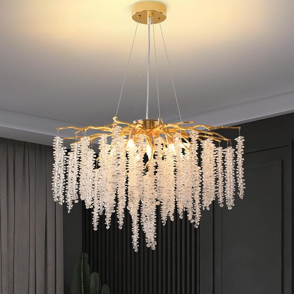 Chandelier Chandelier Crystal Tree Branch Chandelier, Large Gold Round Raindrop Indoor Hanging Pendant Light Fixture For Dining Room Kitchen Island Living Room Bedroom,D60CM