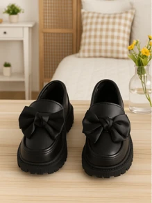 1 双哑光黑色蝴蝶一脚蹬儿童乐福鞋，橡胶软底增高舒适柔软 PU 衬里，英伦风格中跟优雅女童公主皮鞋，适合 3-15 岁，休闲、学校、派对、户外穿着，2025 年春夏秋冬新款 - 黑色 - 查看 7