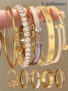 Camhanno 10/1 pièce Ensemble de bracelet et bague en acier inoxydable exquis et magnifique, durable et résistant à la décoloration, accessoire polyvalent pour hommes et femmes, choix parfait pour les cadeaux d'anniversaire et de fête - Doré - Voir 2