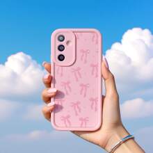 Cute Pink Bowknot Element Fashion Phone Case 1pc Cute Star & Bowknot Design Soft Phone Case, Powder Pink Shockproof Protective Cover For Compatible With OPPO/Compatible With VIVO/Compatible With Honor/Compatible With Apple/Compatible With REALME/Transsion/ Phones Waterproof Anti-Fall Scratch Resistant, International Version, Not The Domestic Version Spring - Pink - View 3