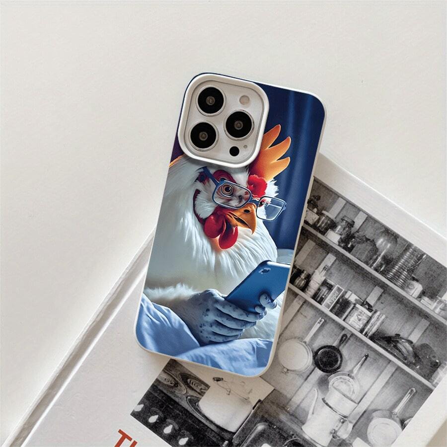 Funda protectora para phone con diseño de pollo con gafas (1 unidad), compatible con phone 16 Pro, 16, 15 Pro, 14, 14 Plus/14 Pro, 13, 13 Pro, 12 Pro, 11/11 Pro. Ideal para cumpleaños y celebraciones. - Blanco - Ver 1